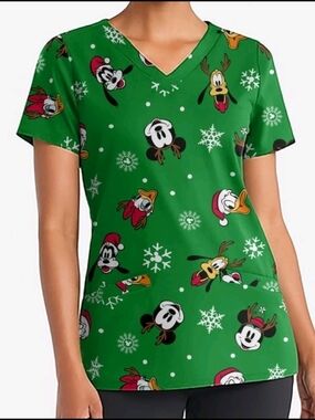 Disney Women's Green V-Neck Holiday Mickey & Friends Character  Print Scrub Top